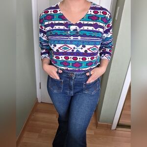 Vintage Southwestern Design Colorful Geometric Patterned Western Top Size Large